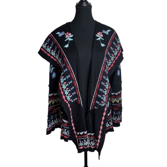 CAITE Embroidered Black Open Front Cardigan with Hood Boho Festival Style Small - Picture 2 of 14
